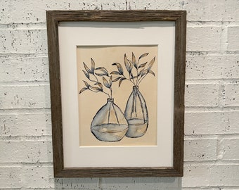 Original Pen and Ink Drawing 8 x 10 Wall Art Branches in Glass Vase Indigo Ink Drawing French Country Art Includes 11 x 14 Mat for 8 x 10