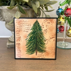 Christmas Tree Painting 4&quot; x 4&quot; Shelf Sitter Original Watercolor Winter Painting Abstract Tree Includes Frame Tiered Tray Decor Farmhouse