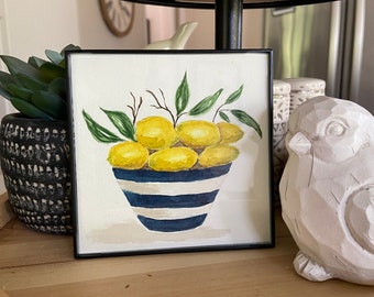 Bowl of Lemons Watercolor Painting 4 x 4 Original Lemons Kitchen Art Includes Frame Tiered Tray Mantel Bookshelf Spring Small Painting Shelf