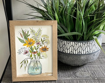 Wildflower Painting Watercolor and Ink 5 x 7 Wildflowers in a Vase Includes 8 x 10 White Mat Pen and Ink Painting Spring Decor Gift Idea