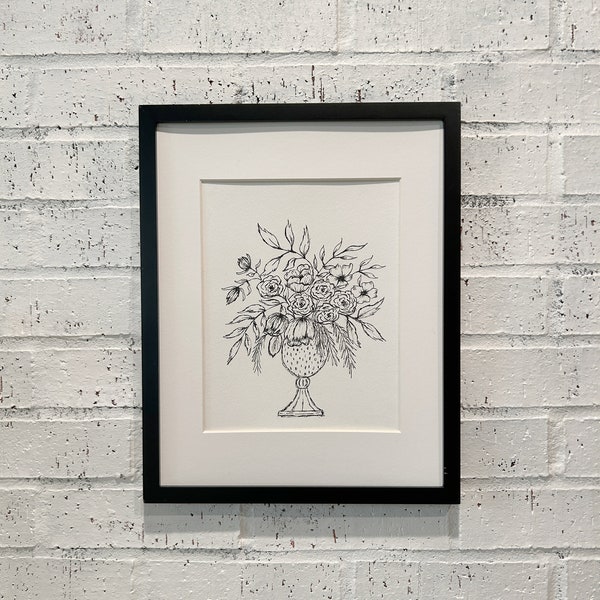 Original Pen and Ink Drawing 8 x 10 Wall Art Botanical Flowers Original Drawing Bouquet French Country Art Includes 11 x 14 Mat for 8 x 10