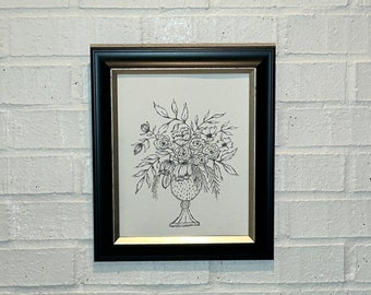 Original Pen and Ink Drawing 8 x 10 Wall Art Botanical Flowers Original Drawing Bouquet French Country Art Includes 11 x 14 Mat for 8 x 10