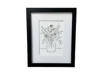 Pen and Ink Wall Art Wildflower Original Drawing 5 x 7 Minimalistic Wildflowers in Vase Includes 8 x 10 White Mat Pen and Ink Wall Decor