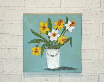 Wall Art Flower Painting Original 12 x 12 Canvas Daffodils Acrylic Spring Art Yellow White Large Painting Wall Art Farmhouse Mixed Media