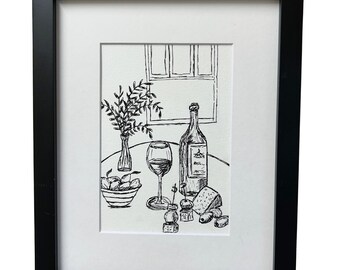 Wall Art Tablescape Pen and Ink Drawing Original 5 x 7 Wine Minimalistic Wine Lovers Hand Drawn Cheese Appetizers Table Decor Wall Decor