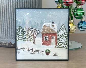 Holiday Landscape Painting 4 x 4 Shelf Sitter Watercolor Winter House With Snow Includes Black Frame Tiered Tray Decor Modern Farmhouse