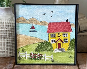 Mini Seaside Cottage Painting 4 x 4 Shelf Sitter Watercolor Beach House Sailboat Painting  Includes Black Frame Tiered Tray Decor Farmhouse