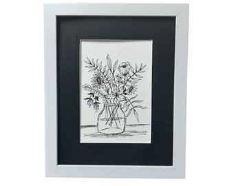 Pen and Ink Wall Art Wildflower Original Drawing 5 x 7 Minimalistic Wildflowers in Vase Includes 8 x 10 White Mat Pen and Ink Wall Decor