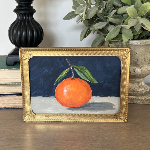 Original Clementine Painting 5 x 7 Kitchen Art Acrylic on Paper Includes 8 x 10 White Mat for 5 x 7 Painting Moody Lemon Shelf Sitter