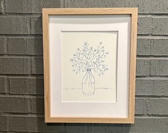 Blue Pen and Ink Drawing 8 x 10 Wall Art Flowers in Vase Minimalistic Original Drawing French Country Art Includes 11 x 14 Mat for 8 x 10