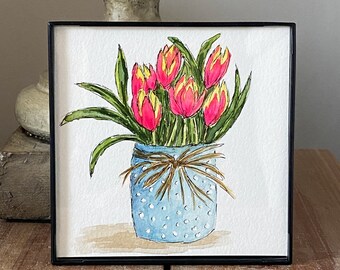 Watercolor Painting Tulips 4 x 4 Original Pink Yellow Tulips Includes Black Frame Tiered Tray Mantel Bookshelf Spring Small Painting Shelf