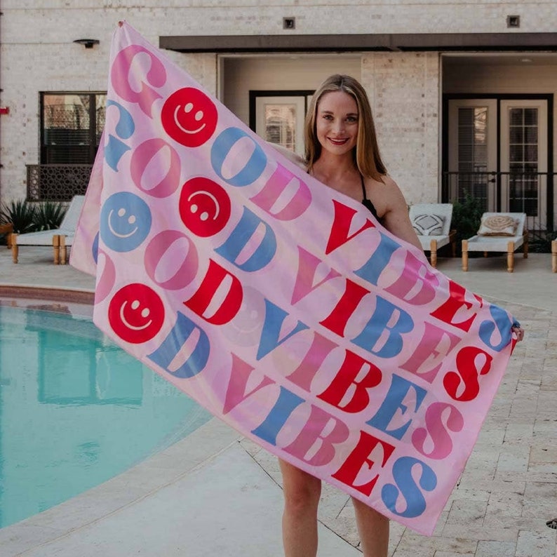 Good Vibes Beach Towel Smiley Face Towel Microfiber Lake Etsy