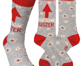 Awesome Sister Socks | Gift for Sister | Fun Work Socks |  Happy Socks | Daisy Socks | Red Socks | Christmas Gift | Stocking Stuffer
