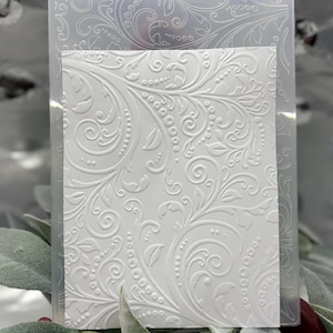Op de afbeelding: Een doorzichtige, rechthoekige embossing folder met een gedetailleerd bloemen- en wervelontwerp. De folder bevat een wit karton met een bijpassend reliëfpatroon. Het ontwerp bevat bladeren, stippen en wervelende lijnen, waardoor een textuureffect ontstaat.