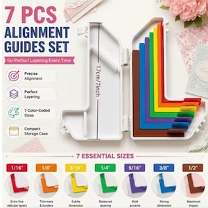 May include: A 7-piece alignment guide set in a white storage case. The set includes L-shaped guides in red, orange, yellow, green, purple, blue, and brown, each labeled with sizes from 1/16 inch to 1/2 inch. The case measures 7 inches in height.