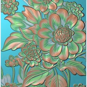 May include: A three-dimensional wall panel featuring a relief sculpture of blooming flowers and leaves. The floral design displays a gradient of metallic copper and soft green tones, set against a vibrant, solid turquoise blue background.