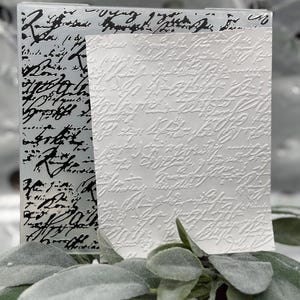 May include: A clear, rectangular embossing folder with black script on the left side and a white card with raised script on the right. The folder is in front of a plant with green leaves.