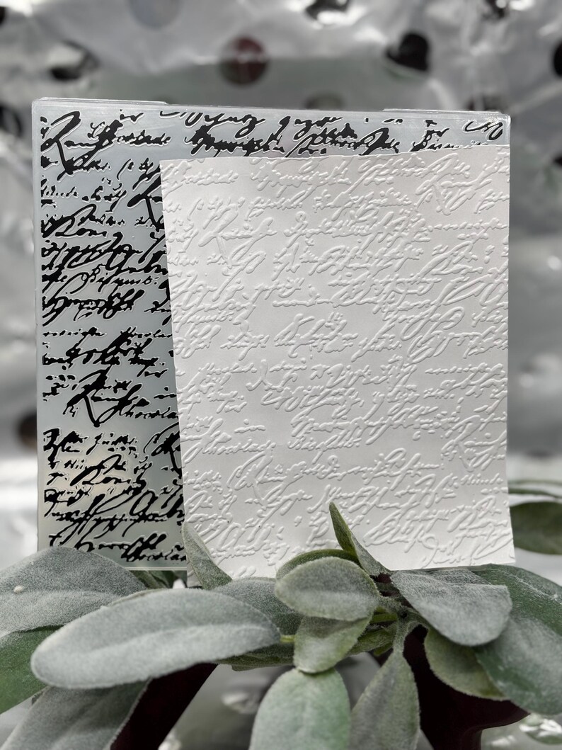 May include: A clear, rectangular embossing folder with black script on the left side and a white card with raised script on the right. The folder is in front of a plant with green leaves.