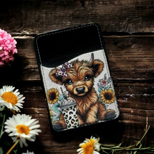 Cartera para teléfono y tarjetero de piel sintética de vaca de las Tierras Altas