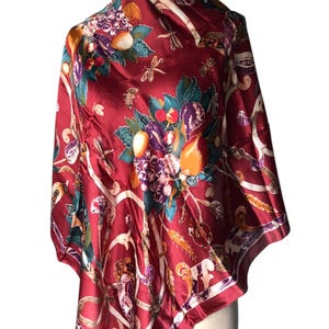 Vintage Anne Klein scarf silk, signed, made in Japan, jewel tones, floral, still life, birds, arabesque