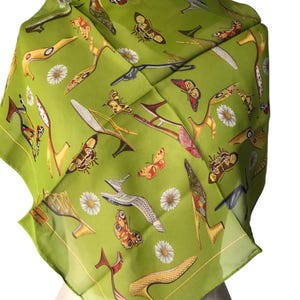 Vintage Salvatore Ferragamo Italy, signed chiffon silk scarf, shoe motif, lime/apple green
