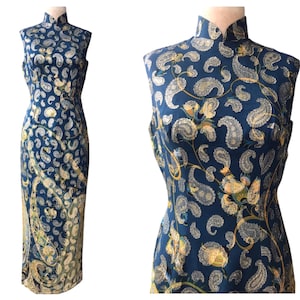 vintage cheongsam vintage qipao 60s 70s paisley metallic thread silk chiffon Indian style