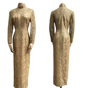 80s gold cheongsam vintage Chinese dress long traditional Chinese dress 1980s dress Asian vintage dress Oriental vintage dress vintage qipao