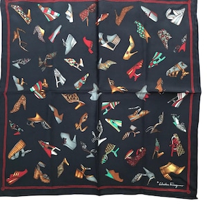 Vintage Salvatore Ferragamo Italy, signed silk scarf, hand rolled and stitched, shoe motif, dark grey