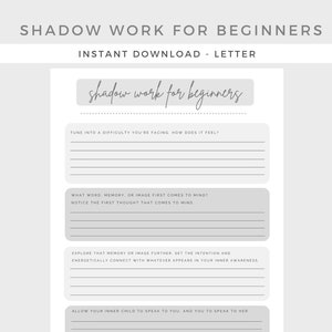 May include: A printable worksheet titled "Shadow Work for Beginners" with the text "Tune into a difficulty you're facing. How does it feel?" and "What word, memory, or image first comes to mind? Notice the first thought that comes to mind."  The worksheet also includes the text "Explore that memory or image further. Set the intention and energetically connect with whatever appears in your inner awareness." and "Allow your inner child to speak to you. And you to speak to her."