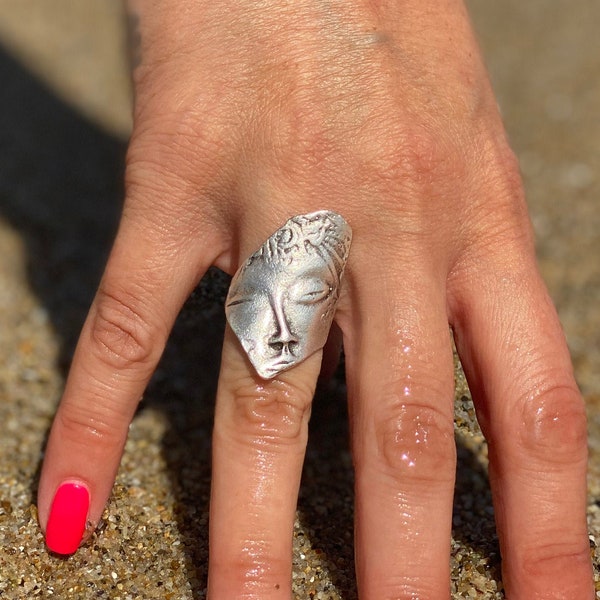 Gorgon Medusa Part Face Silver Coated Ring. Original Greek Goddess Stackable Silver Ring. Suitable Gift for Any Occasion.