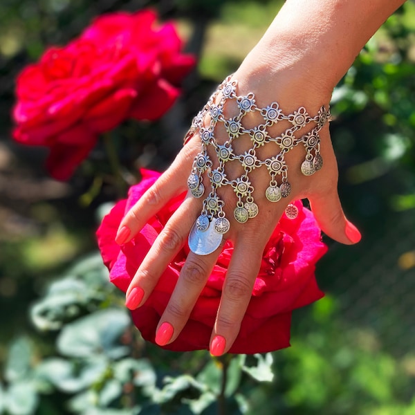Extraordinary Reach and Beautiful Hand Bracelet Connected with a Ring. Silver Coated Boho Body Jewel. Amazing Gift for Her for Any Occasion.