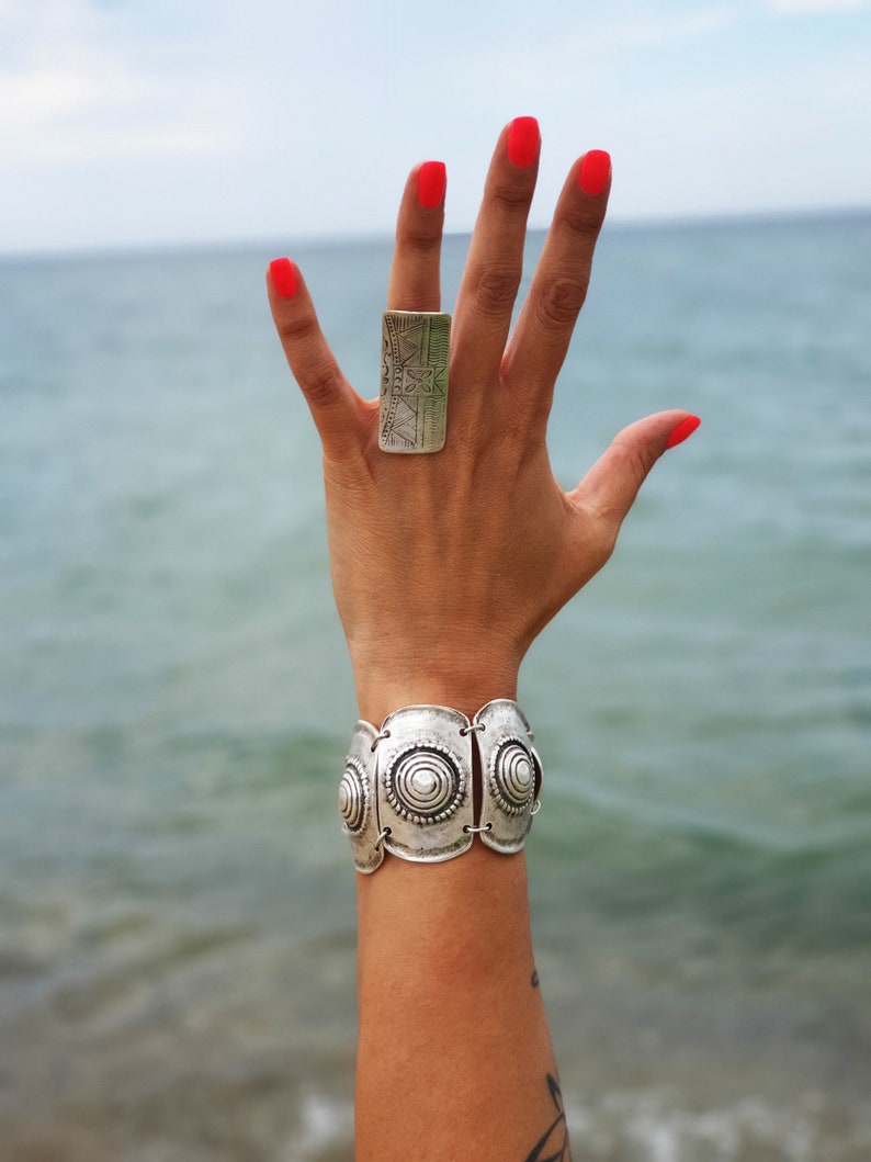 Silver Ring Silver Coated Adjustable Set of 3 Beautiful Jewelry Earrings and Bracelet in Bold and Feminine Combination.