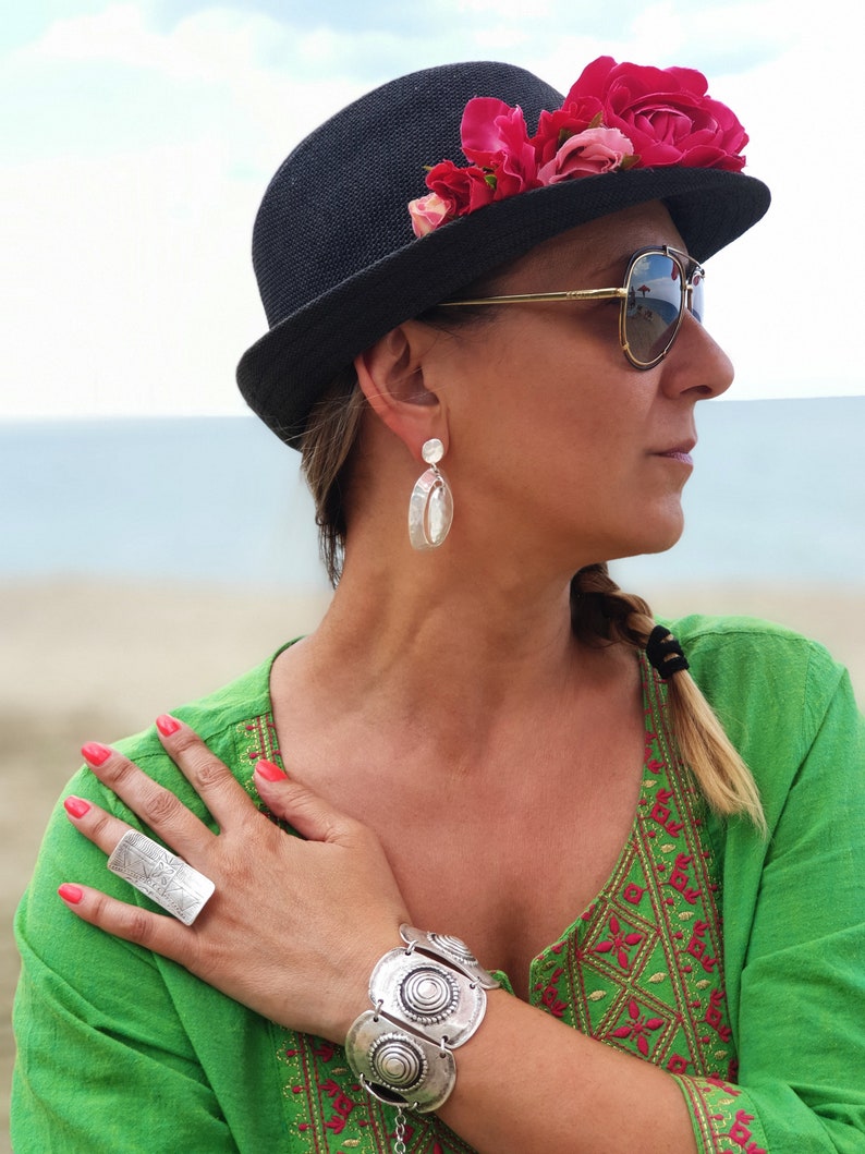 Silver Ring Silver Coated Adjustable Set of 3 Beautiful Jewelry Earrings and Bracelet in Bold and Feminine Combination.