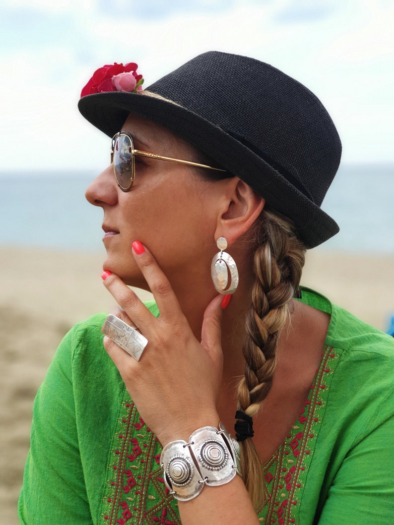 Silver Ring Silver Coated Adjustable Set of 3 Beautiful Jewelry Earrings and Bracelet in Bold and Feminine Combination.