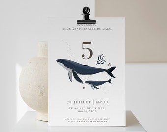 Invitation anniversaire thème marin · illustration baleine · template numérique à modifier · anniversaire enfant