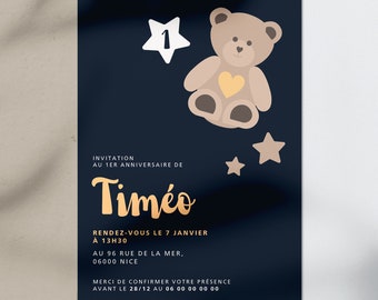 Carte invitation anniversaire enfant · petit ourson · template modifiable · ours mignon