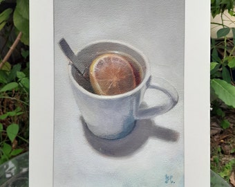 Original Painting of Tea Cup - Acrylic on Paper Framed  - Title: A Cup of Lemon Tea