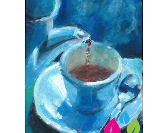 Original Acrylic Painting About Tea 04/100 -  Blue Still Life