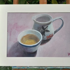 Original Painting of Tea Cup Acrylic on Paper Framed Title: A Cup of Lemon Tea image 1