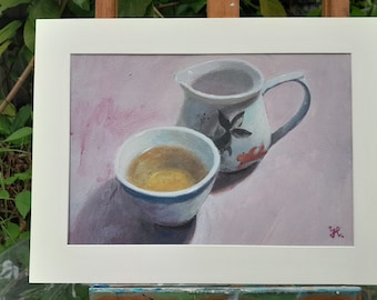 Original Painting of Tea Cup - Acrylic on Paper Framed  - Title: A Cup of Lemon Tea