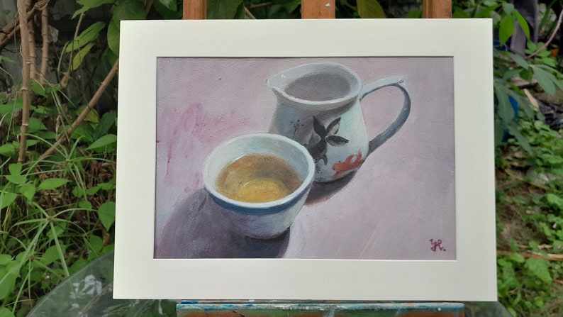 Original Painting of Tea Cup Acrylic on Paper Framed Title: A Cup of Lemon Tea image 1