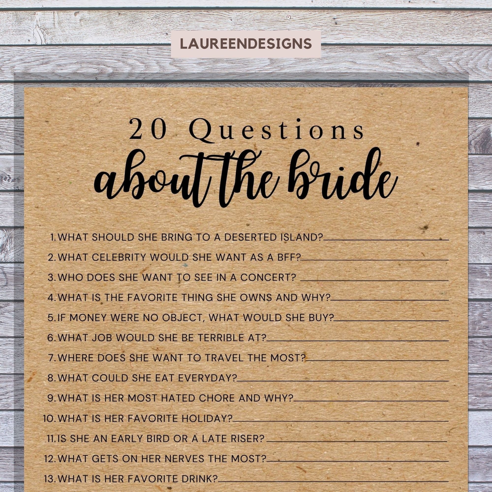 20 Questions About the Bride. Bridal Shower Games. Printable Games ...