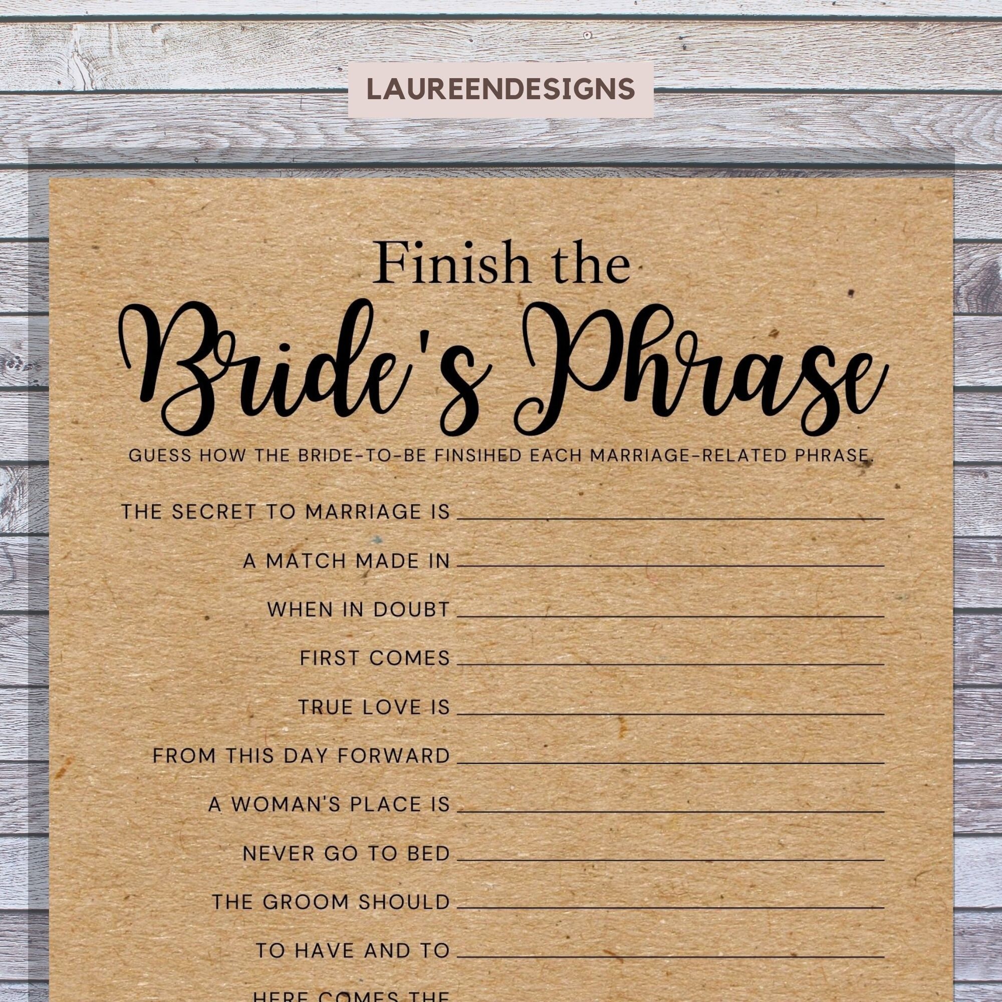Finish the Bride's Phrase Game. Bridal Shower Games. Printable Games ...