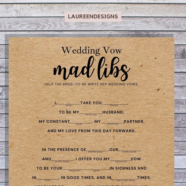 Wedding vow madlibs game. Bridal Shower Games. Printable Goods. Wedding Shower Game. Instant Download