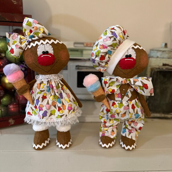 Prim Ice Cream Gingerbread Dolls, Shelf Sitters