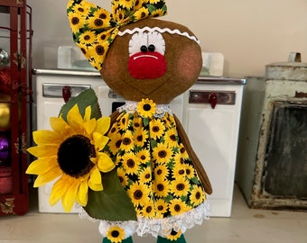 Country Prim Standing gingerbread Sunflower Girl, Summer Decor