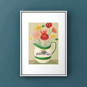 Poppies in Green Jug Print, Red Poppy Wall Art, Floral Jug Illustration, Cottagecore Decor, Botanical Art Print,Flower Artist Painting Print