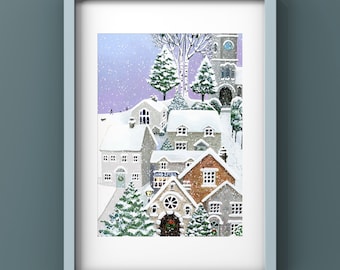 First Snow Print: English Village Winter Scene by Susie Hamilton