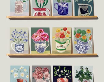 A Year in the Garden Set of 12 Cards by Susie Hamilton, Flower Art Cards, notecards