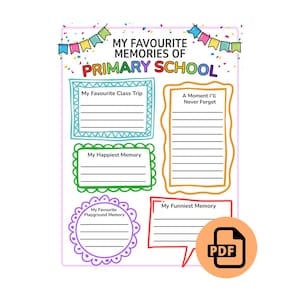 May include: A white poster with the text "MY FAVOURITE MEMORIES OF PRIMARY SCHOOL" and several fill-in-the-blank sections. The sections include "My Favourite Class Trip," "My Happiest Memory," and "My Funniest Memory."